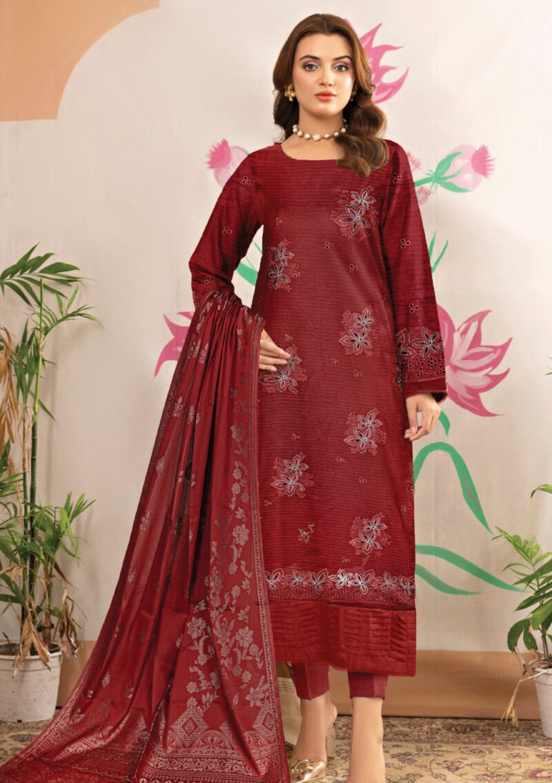 Humdum Embroidered Maroon Lawn